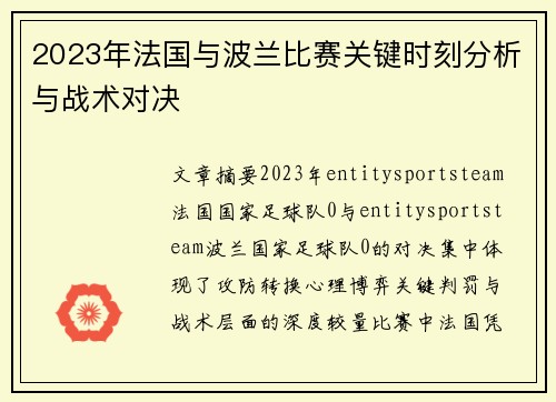 2023年法国与波兰比赛关键时刻分析与战术对决