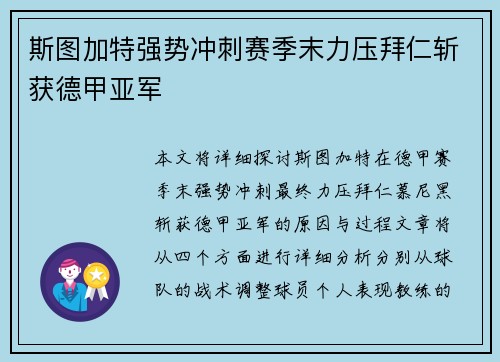 斯图加特强势冲刺赛季末力压拜仁斩获德甲亚军