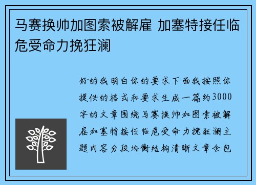 马赛换帅加图索被解雇 加塞特接任临危受命力挽狂澜 马赛换帅加图索被解雇 加塞特接任临危受命力挽狂澜